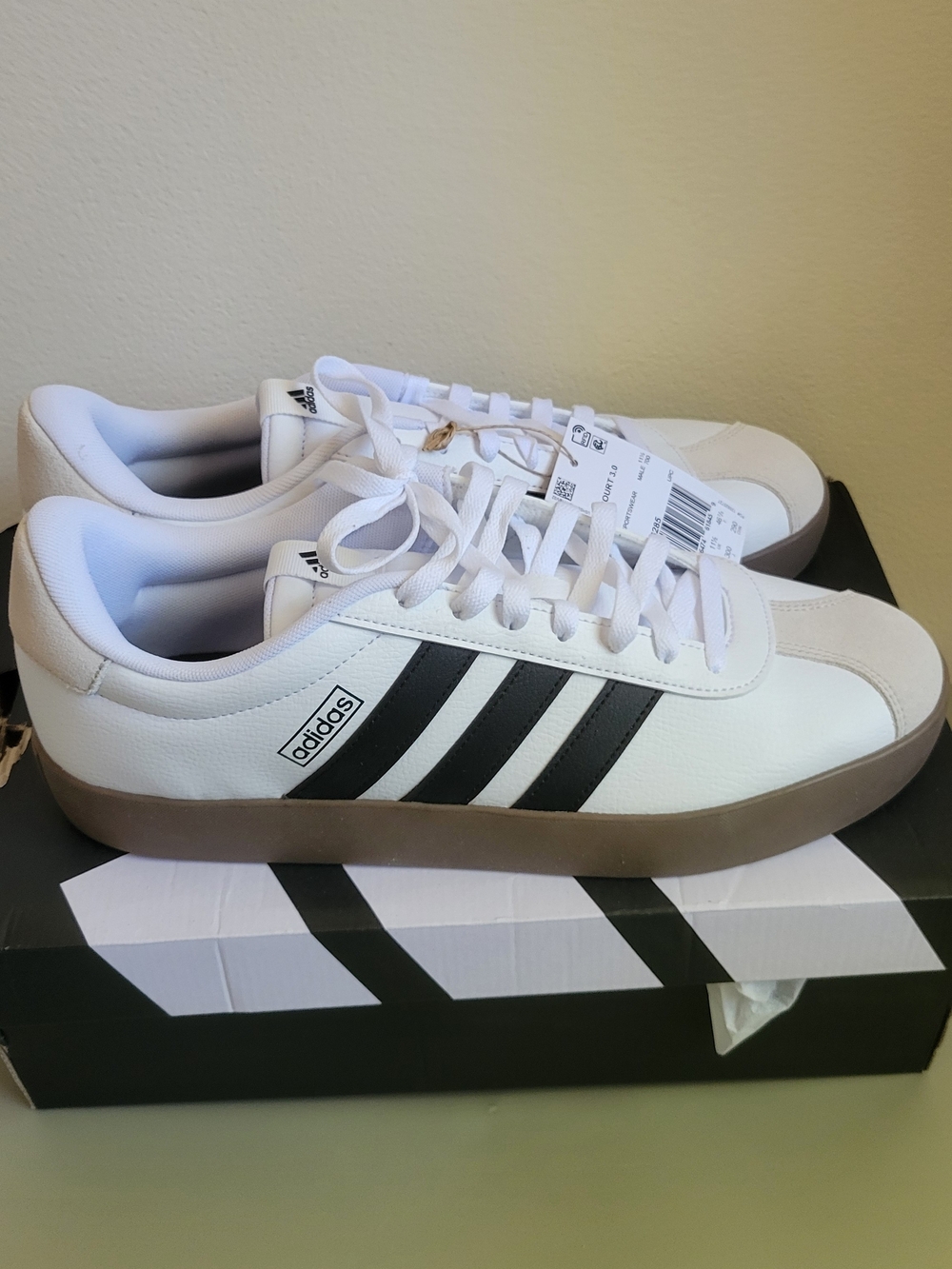 Adidas White Sneakers with Black Stripes and Gum Sole
